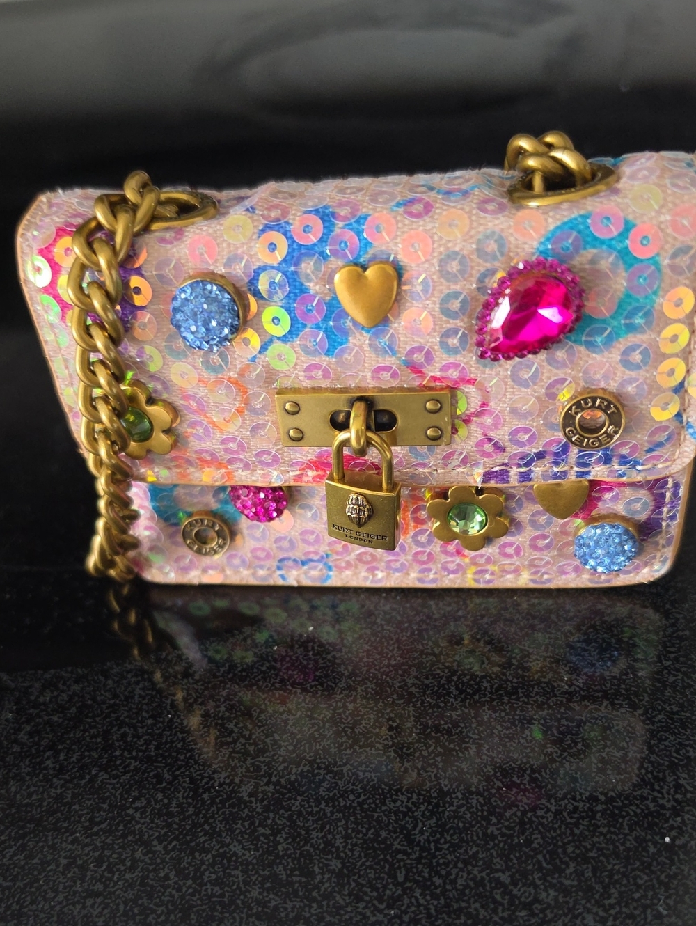 Kurt Geiger Pink Sequin Mini Crossbody with Gold Hardware & Multicolor Gems